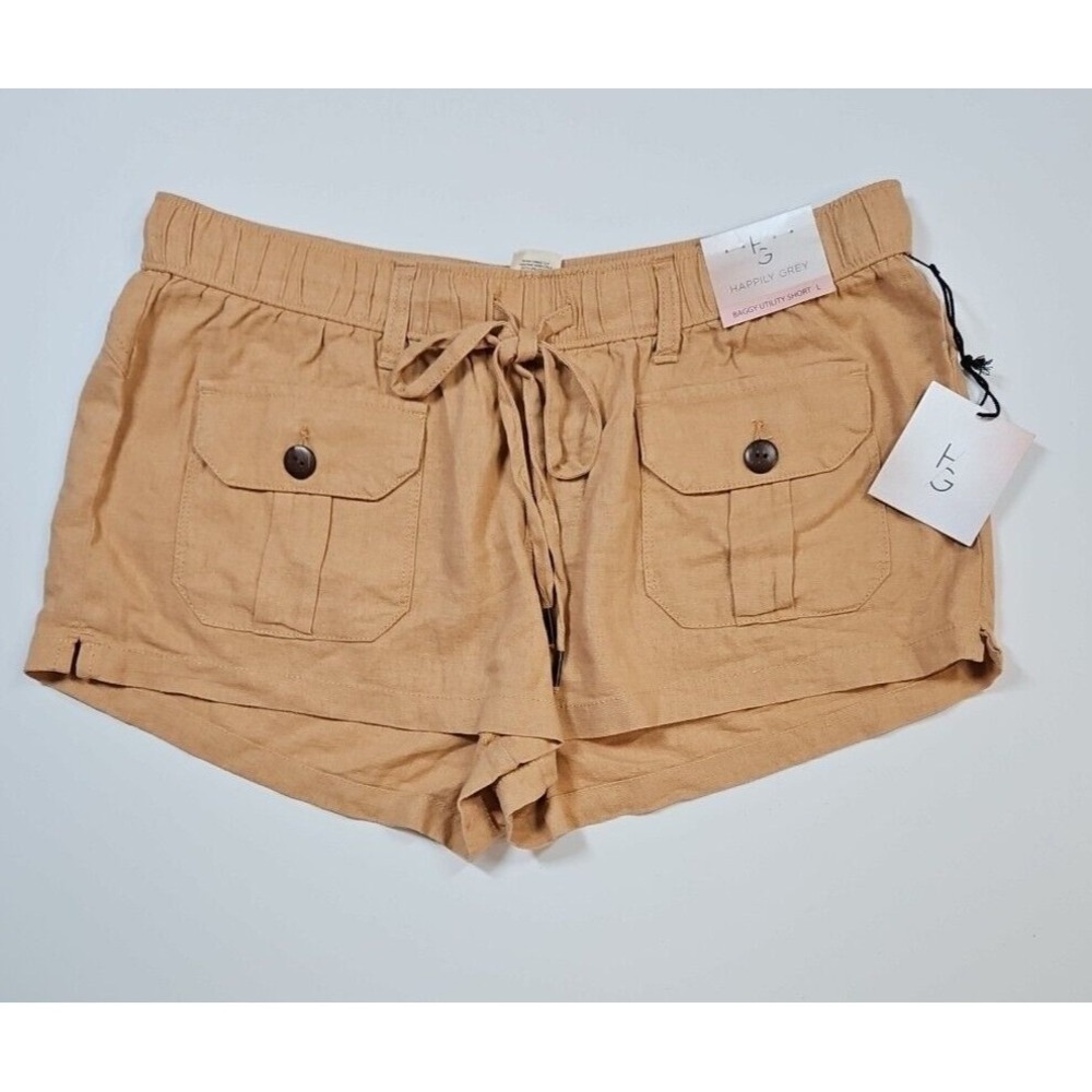 Happily Grey Juniors Tan Linen Blend‎ Baggy Utility Shorts Size Large NWT